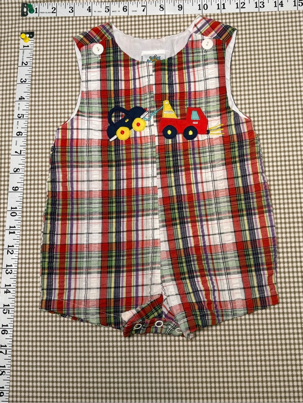 Vintage Cuties by Judy Plaid Construction Shortall Romper 6–9 Months